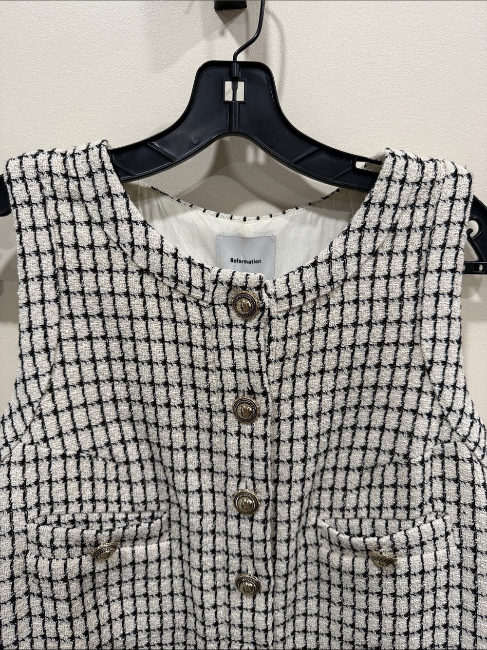 NWT Reformation Tropez Mini Dress Sz 6 cream black Check‎ Tweed - Picture 6 of 9